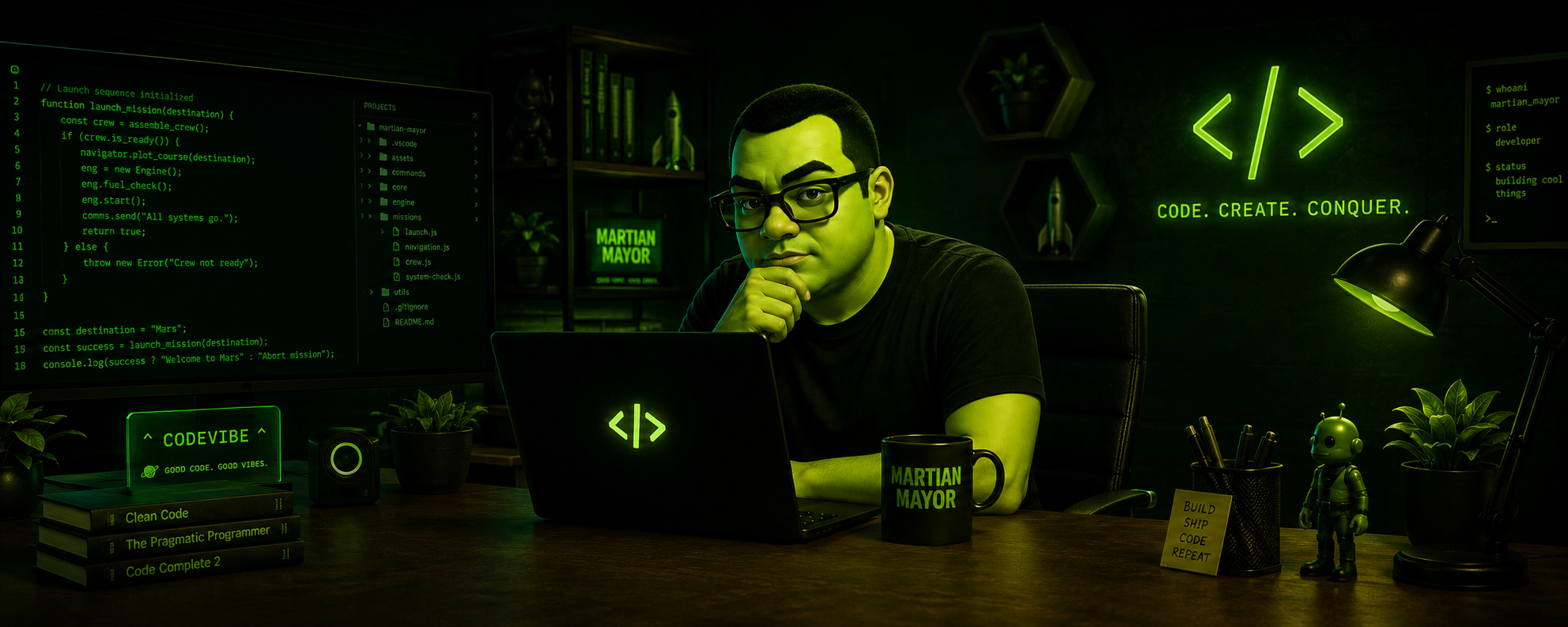 CodeVibr neon green developer desk banner with code, laptop, and Code Create Conquer sign